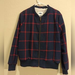 Old Navy Classic Wool Blend Jacket Sz L Fleece Lined Zip Up Plaid Pockets